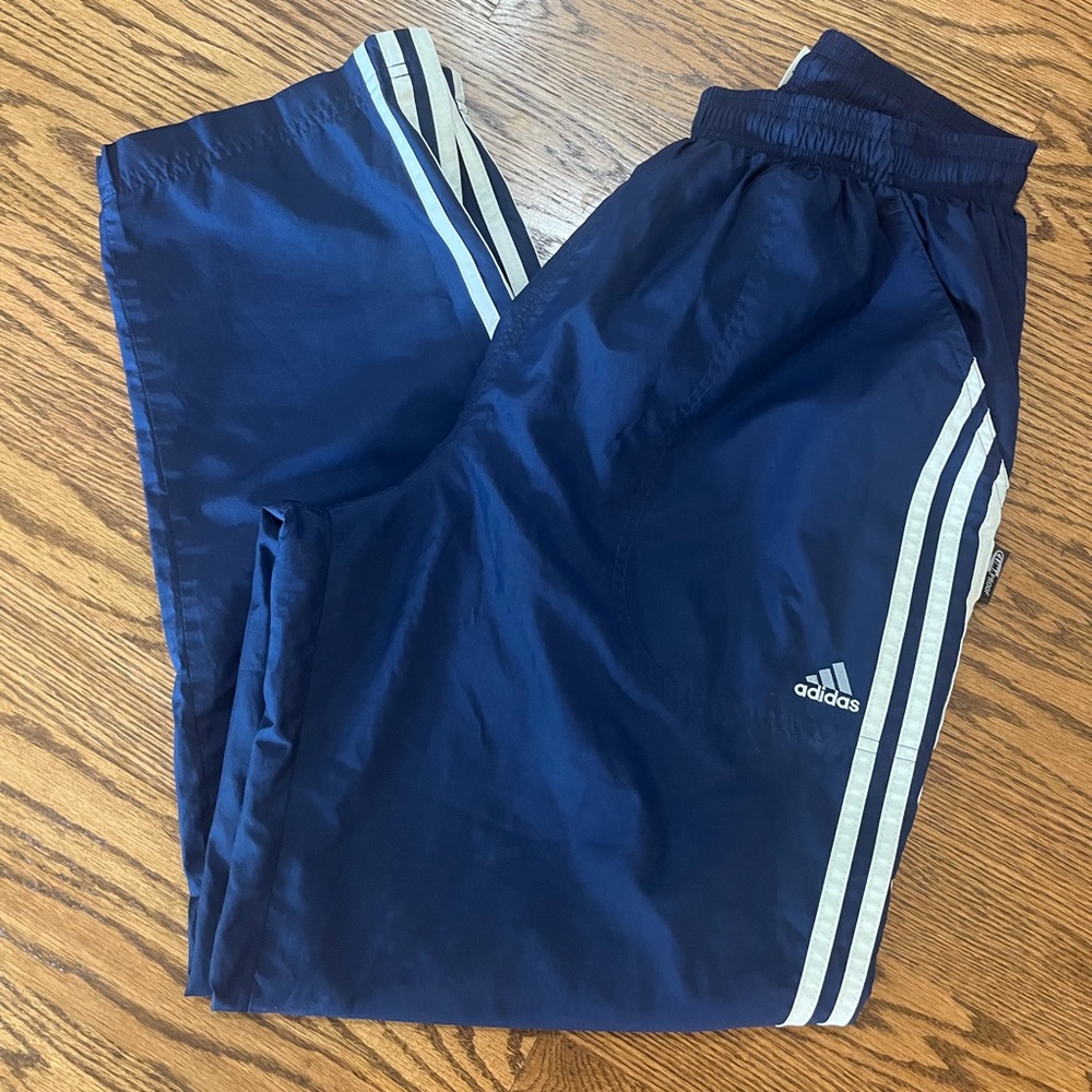 Mens Adidas Vtg Blue Track Pants 3 stripe Zip Ankle M Drawstring Pockets